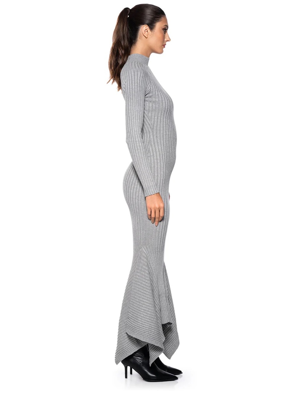 Ribbed Long Sleeve Gray Knit Maxi Dress - Picture 3 of 6